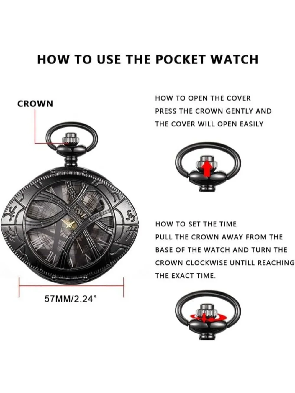 Mens Black Analog Quartz Skeleton Shape Pendant Necklace Round Case Pocket Watch